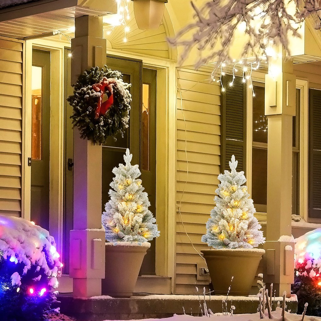 HOMCOM Sztuczna Choinka 90 cm z LED Światełkami, Ognioodporna, na Metalowej Podstawie, Zielony+Biały