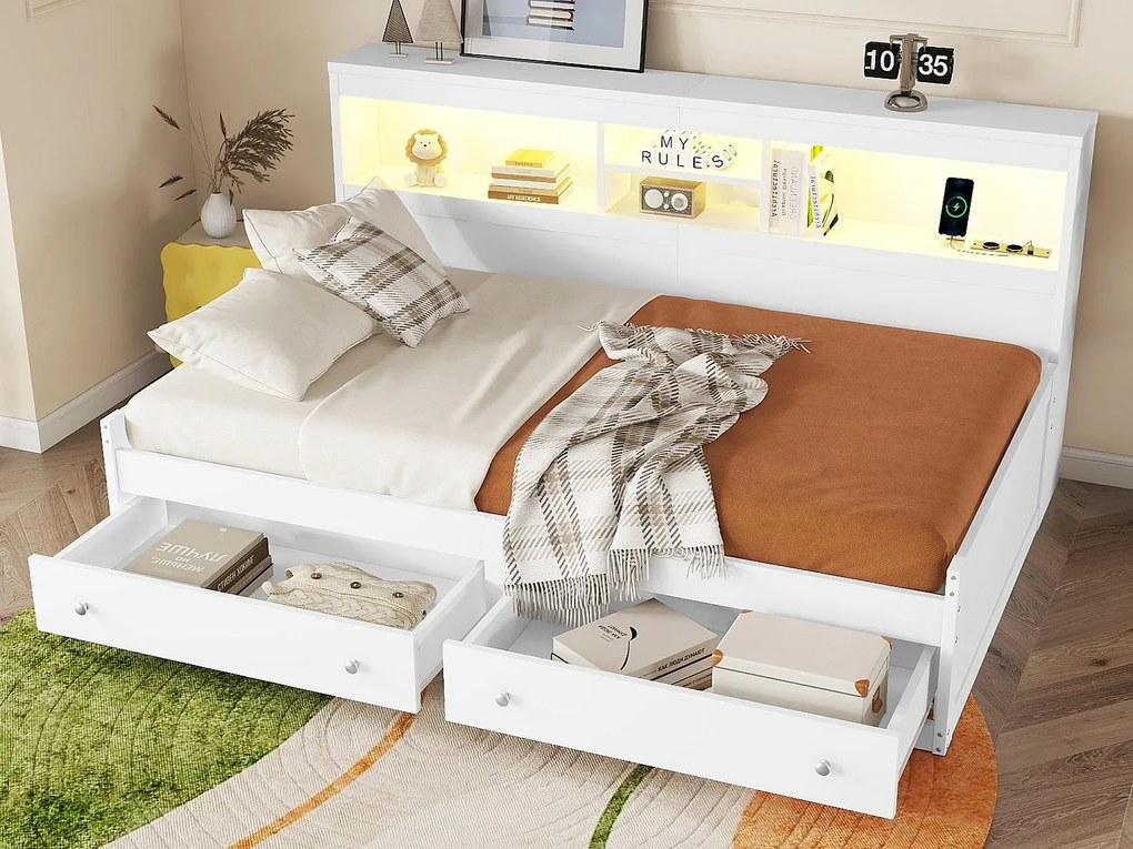 Łóżko banquette 90x200cm - z gniazdem USB i 2 szufladami - stelaż na listwach - Białe