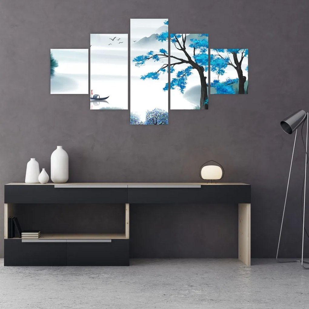 Obraz - Malowane jezioro z łódką (125x70 cm)