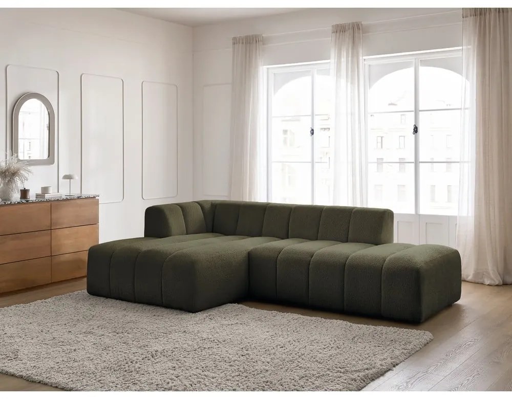 Zielony narożnik z materiału bouclé (lewostronny/z szezlongiem) Annecy – Bobochic Paris