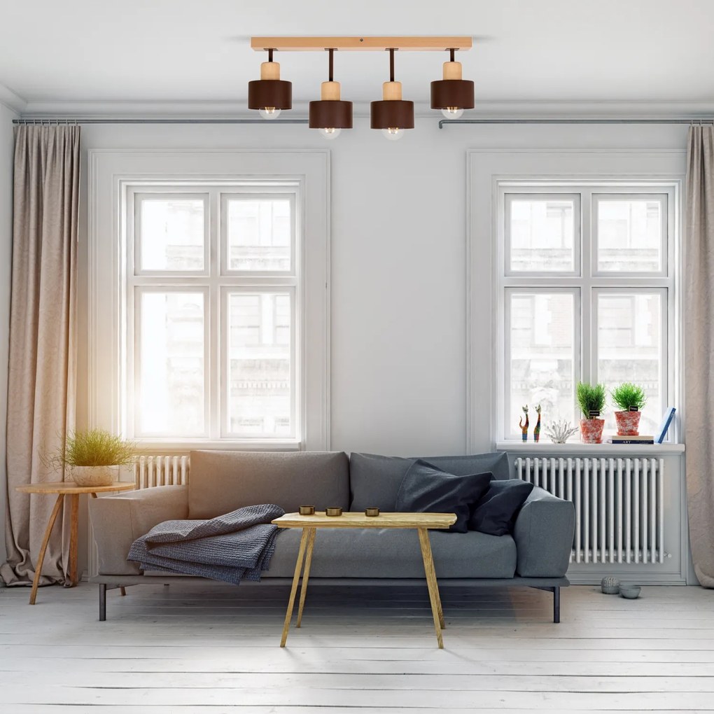 Brązowa lampa sufitowa, czteropunktowy spot DBR60x7BU z drewna i metal