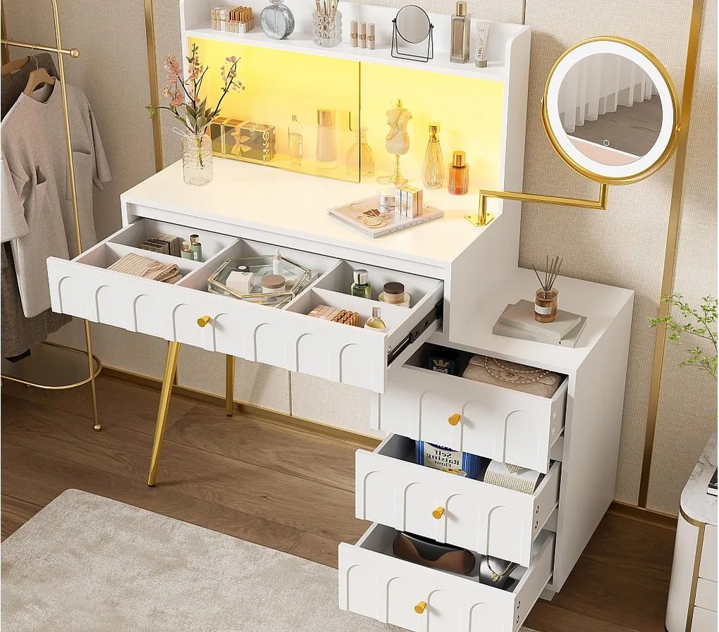 Toaletka z obrotowym lustrem 112x34,5x116cm - z LED - drzwi przesuwne ze szkła - z 4 szufladami - Biały