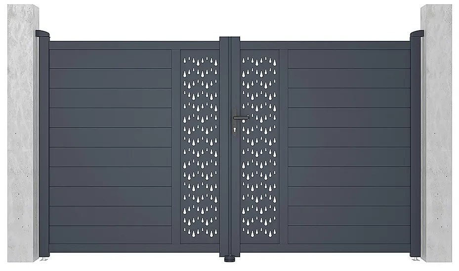 Skrzydłowa, elektryczna, pół-perforowana aluminiowa brama z wzorem Dł.305 x Wys.181 cm antracytowa GREGOR