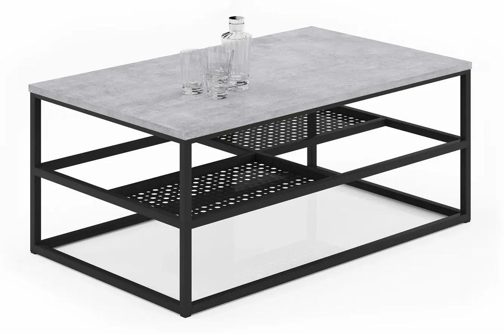 Prostokątna ława z półkami beton + czarny - Hila 4X