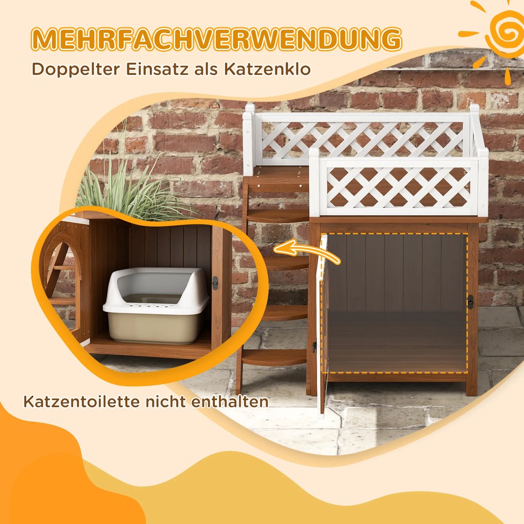 PawHut Dwupoziomowy Domek dla Kota z Balkonem i Schodami, dla Wewnątrz i Na Zewnątrz, dla Kotów i Królików, Drewno Świerkowe, Brązowy