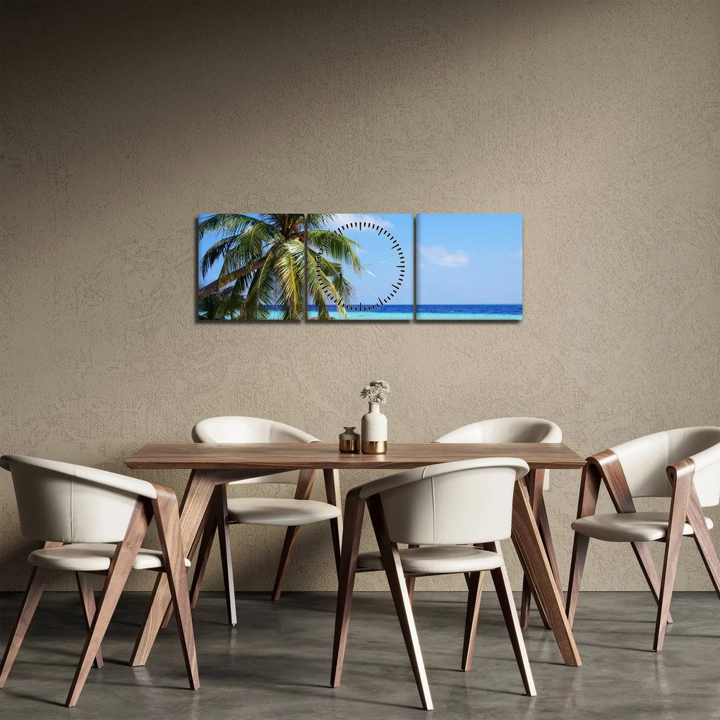 Obraz palmy na plaży (z zegarem) (90x30 cm)