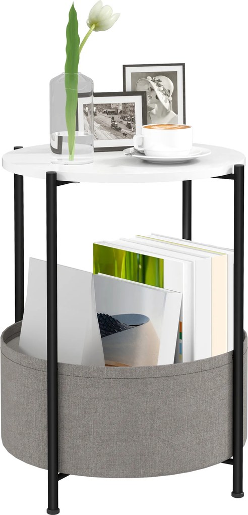 HOMCOM Okrągły stolik pomocniczy z koszem na tkaniny, 2-poziomowy stolik kawowy do salonu, sypialni, małe przestrzenie, metal, szary+biały