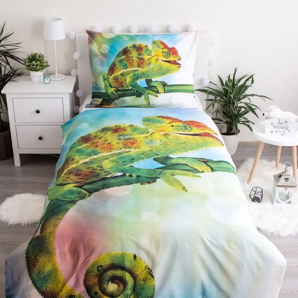 Zielona bawełniana fluorescencyjna pościel dziecięca jednoosobowa 140x200 cm Chameleon – Jerry Fabrics