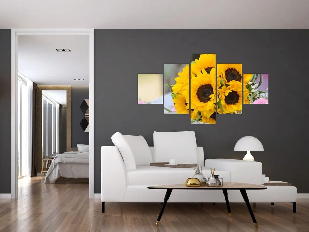 Obraz bukietu ślubnego ze słoneczników (125x70 cm)
