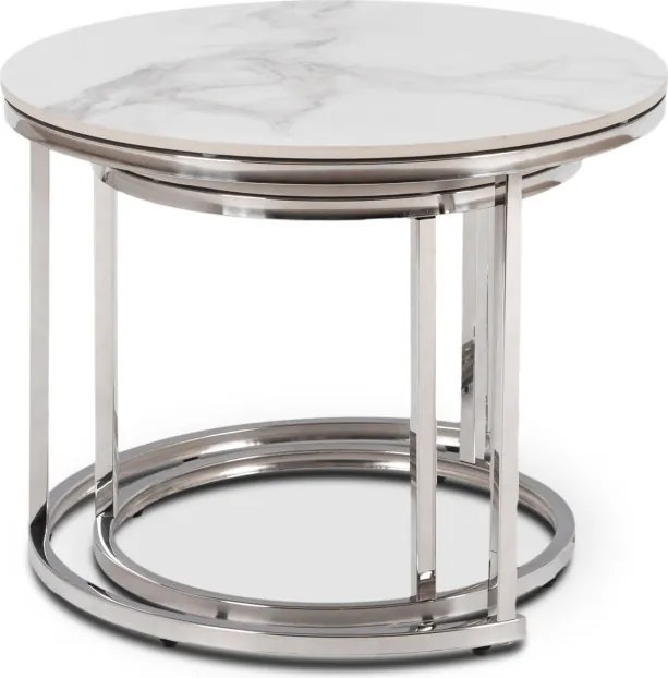 Zestaw Stolików Kawowych AMARA 45,5 cm/60 cm Biały Marmur/Srebrny Glamour
