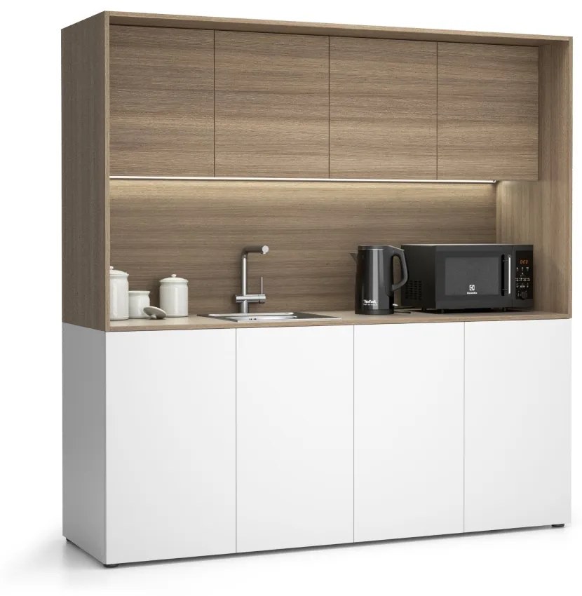 Kuchnia biurowa NIKA ze zlewem i kranem 1963 x 600 x 2000 mm, dąb naturalny, lawo