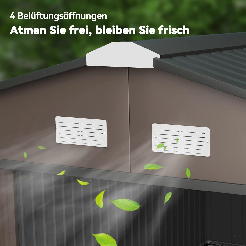 Outsunny Domek narzędziowy, odporny na warunki atmosferyczne, dla narzędzi ogrodowych, z oknami wentylacyjnymi, drzwiami przesuwnymi, stal, brązowy