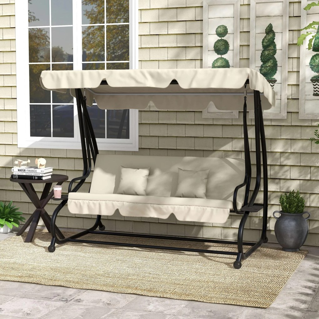 Outsunny 2-w-1 Huśtawka Ogrodowa z Funkcją Leżanki, Regulowany Daszek, do 340 kg, Stal, 200x120x164 cm, Kremowy