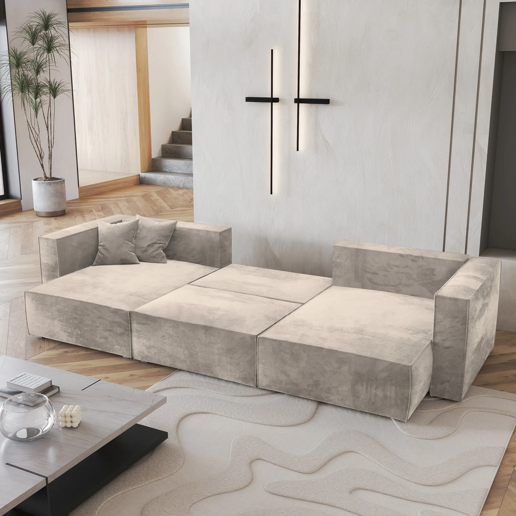 Masseno Narożnik SARMO z funkcją spania i pojemnikiem na pościel Narozniki U, Rozkładana sofa - Kremowy, MONOLITH 04