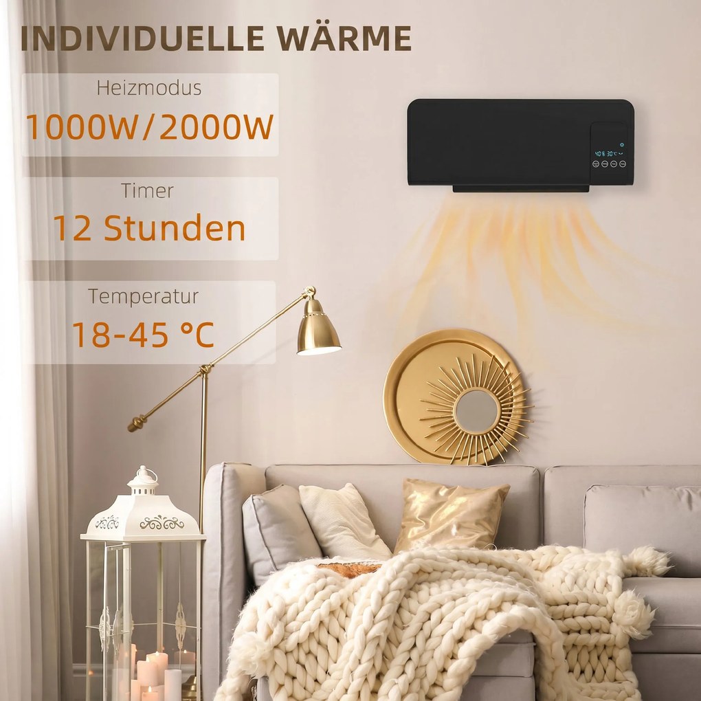 HOMCOM Elektryczny grzejnik, montaż ścienny, funkcja oscylacji, 2 tryby, timer, wyświetlacz LED, czarny | Aosom PL