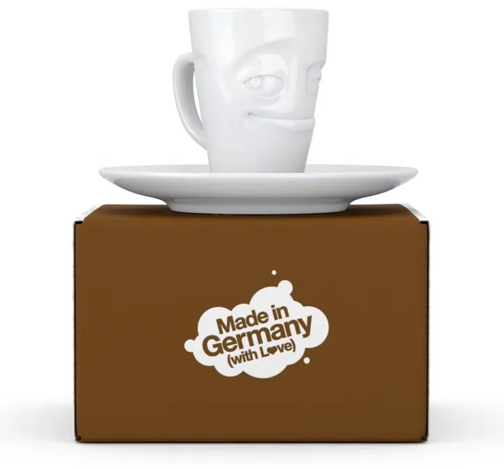 Biała uśmiechnięta porcelanowa filiżanka do espresso ze spodkiem 58products, 80 ml