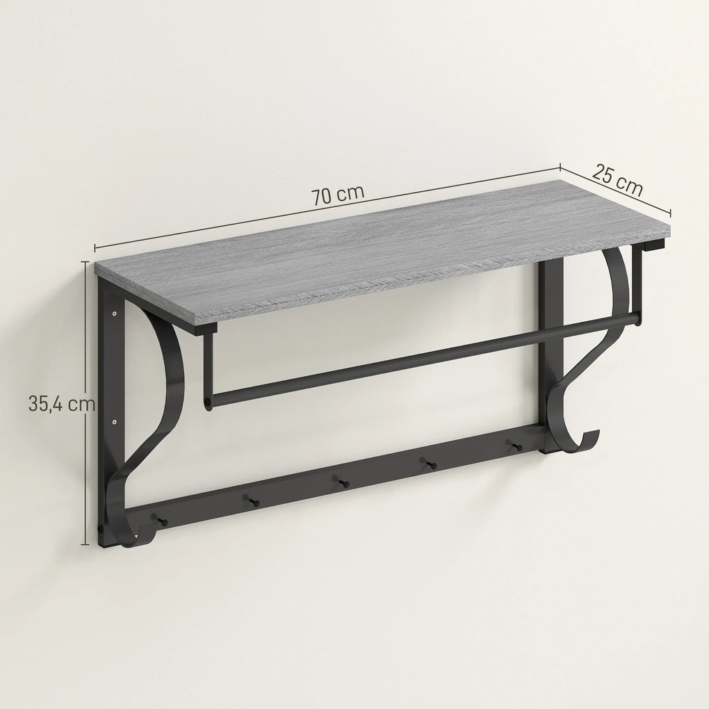 HOMCOM Wieszakiem Ściennym, Haczyki na Ubrania, 5 Haczykóww, Górna Półka, Wszechstronny, Szary