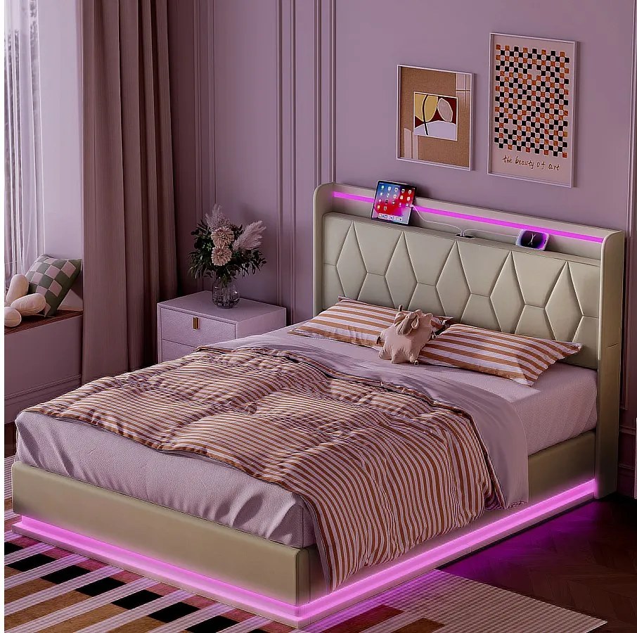 Nowoczesne łóżko dwuosobowe 140×200 cm z zagłówkiem obitym białym aksamitem, oświetleniem LED, portem USB i schowkiem z siłownikami hydraulicznymi