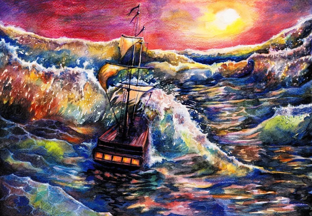 Fototapeta - Statek na falach oceanu, akwarela (196x136 cm)