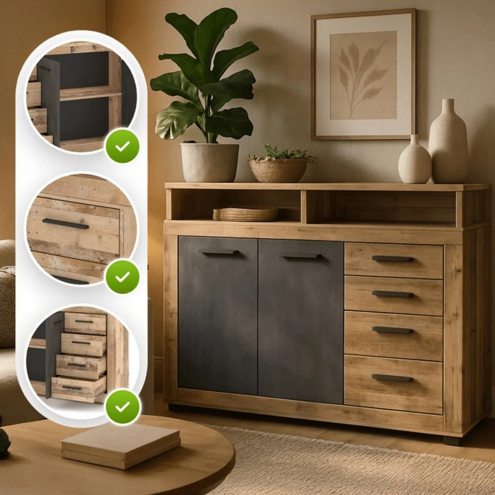 Komoda Dwudrzwiowa z Szufladami BLAGO MIDI A 119,6 cm Surowy Dąb/Czarny Loft