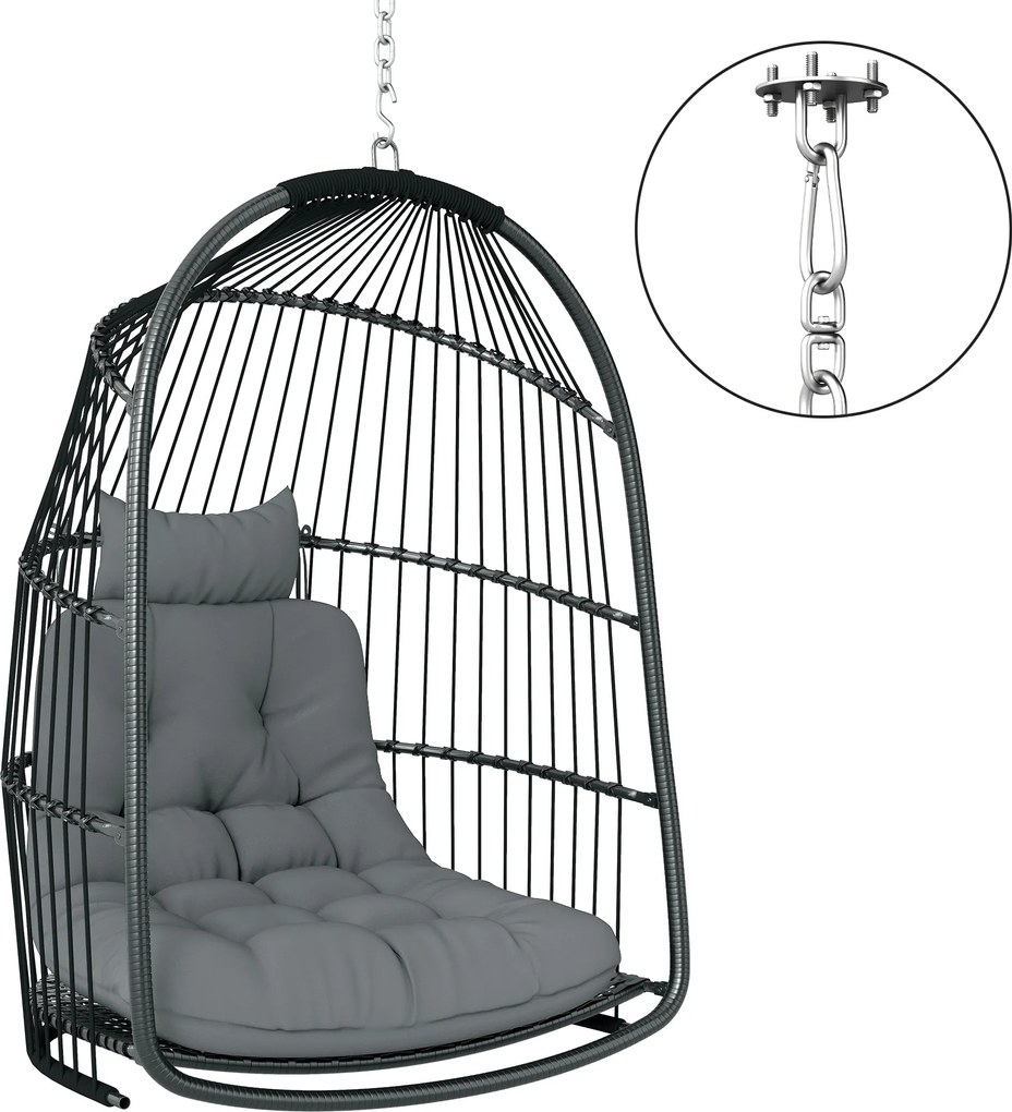 Outsunny Wiszący fotel z poduszką, rattan, na zewnątrz i wewnątrz, składany, do 150 kg, ciemnoszary