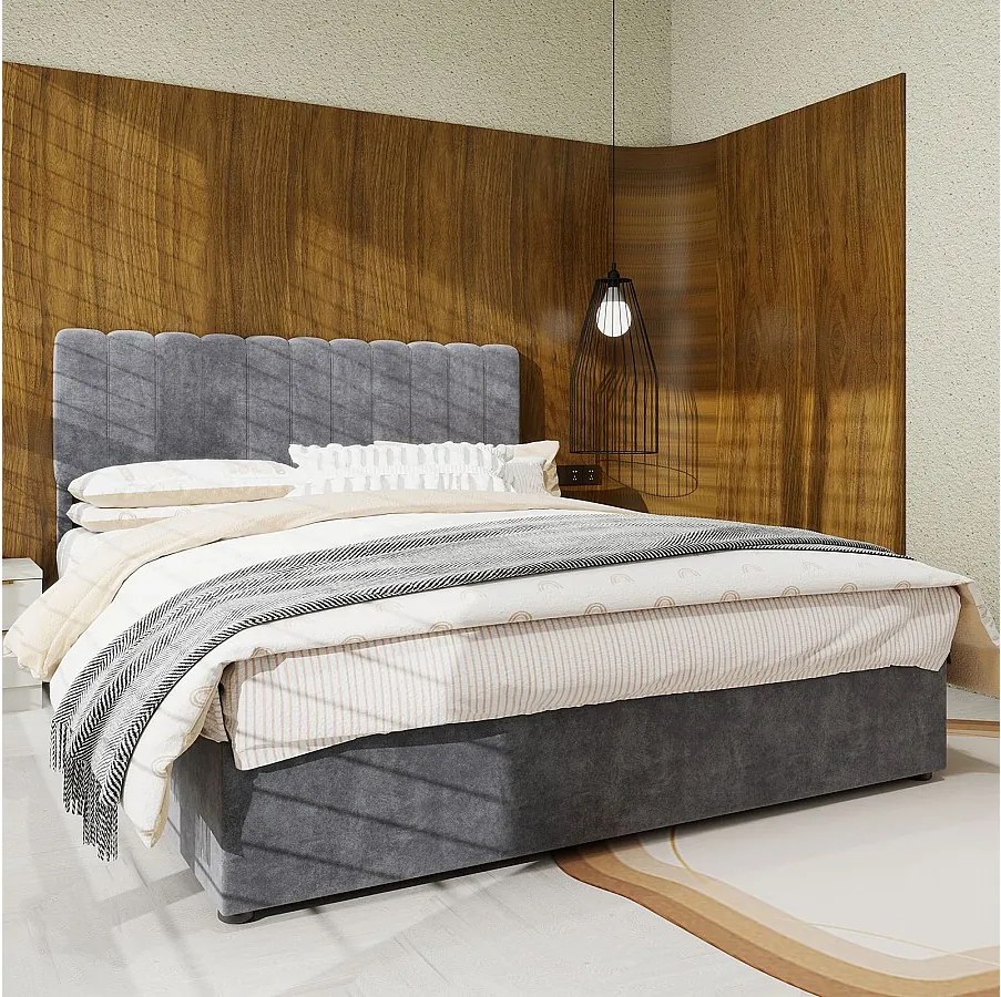 Łóżko dla dorosłych 140 x 200 cm - Łóżko z miękkim zagłówkiem i schowkiem - szary aksamit - materac nie jest wliczony w cenę