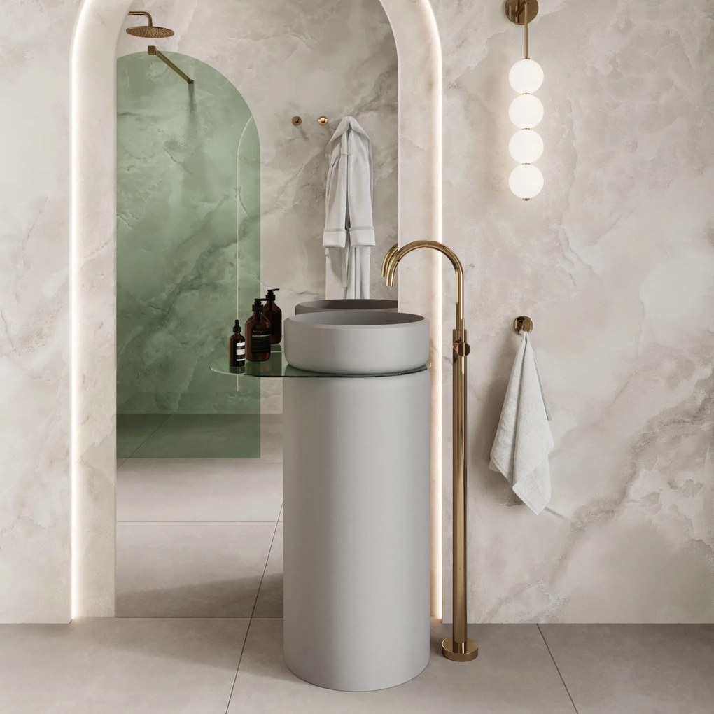 Umywalka z konglomeratu wolnostojąca okrągła z półką szklaną 85 x 40 cm RONA bez przelewu | Różne kolory półki : Kolor szkła - Zielony, Kolor umywalki RONA - Szary matowy, Podłączenie syfonu - Do podłogi, Półka - Szklana