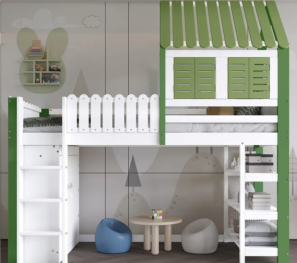 Łóżko antresolowe 90x200 cm - z otwartymi półkami i szafą - z barierką - kształt dachu - Biały + Zielony (bez materaca)
