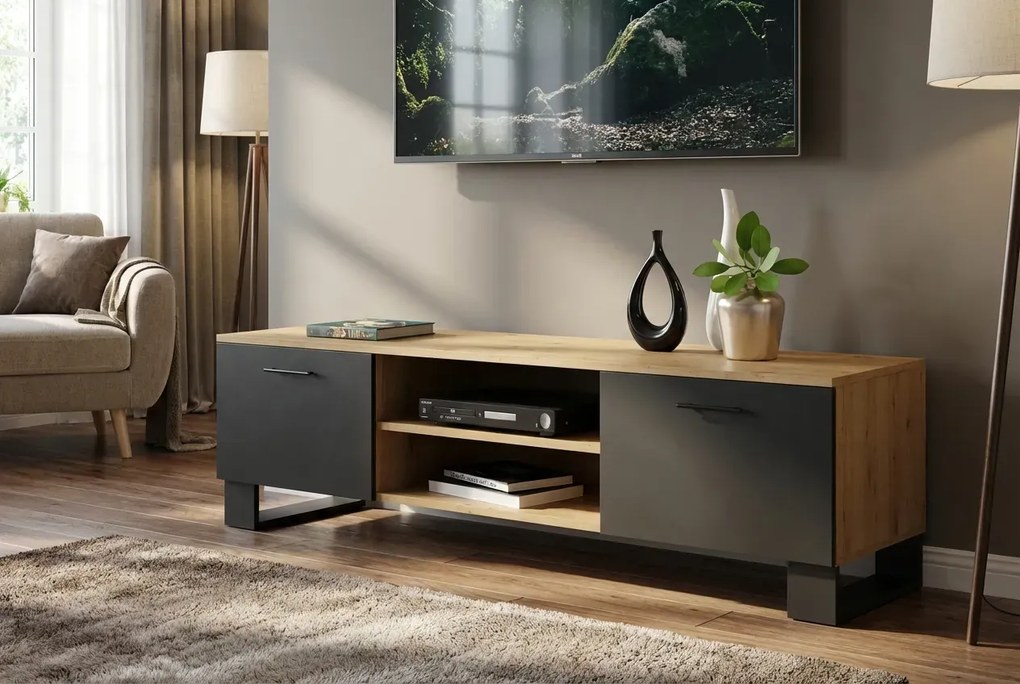 Loftowa Szafka Czarny Rtv 120 Cm Dąb Artisan + Skrzynia G0-T16