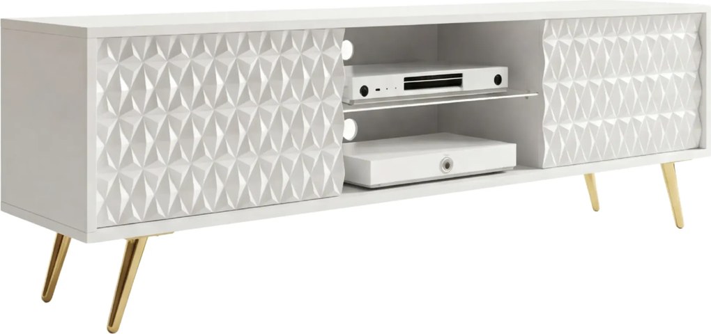 Biała ryflowana szafka RTV na złotych nóżkach 135 cm E7-F47