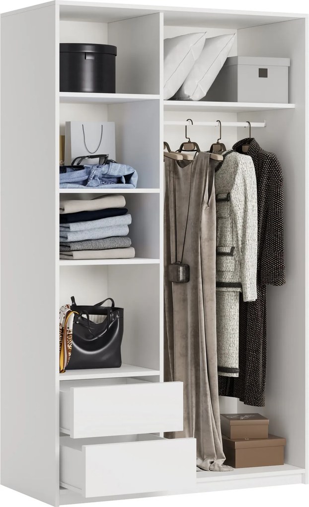 Szafa Przesuwna TAVI 120 cm z Lustrem Szafa Dwudrzwiowa z Szufladami Biała / Złote Profile