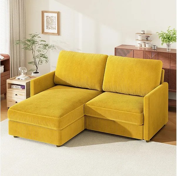 2 -SEatter narożna sofa - odwracalny kąt prawy / lewy - 180x140x86cm - W żebrowej aksamitnej tkaninie - MAX 300 kg obciążenia - gorczyca żółta