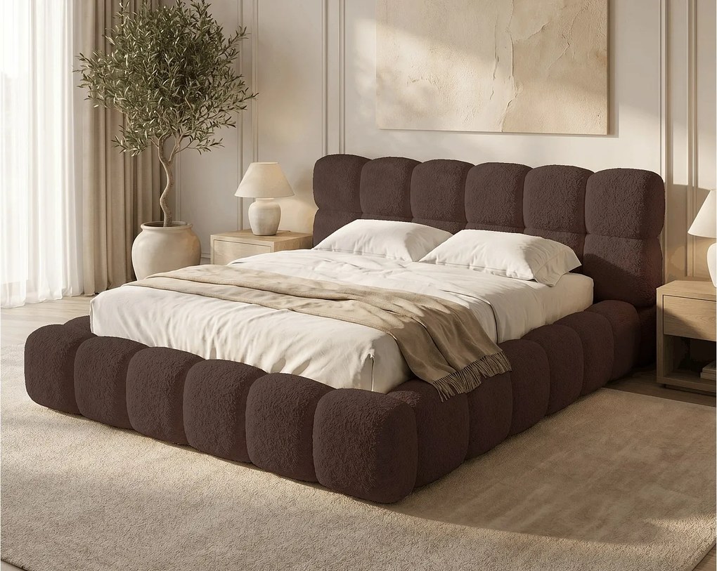 BESILIO Łóżko z grubej pianki 160x200 boucle Tokyo - łóżko z pojemnikiem i stelażem - Brązowy