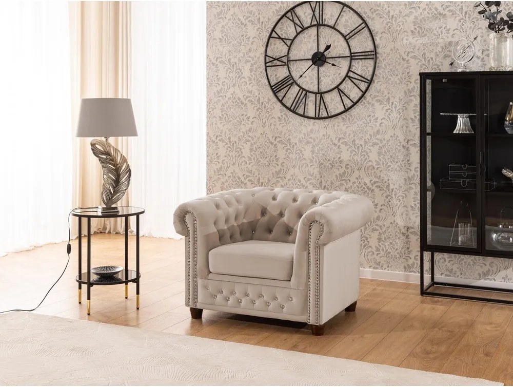 Beżowy aksamitny fotel typu chesterfield York Blik – Ropez
