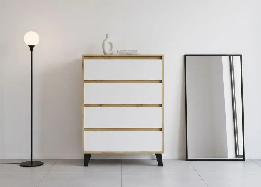 Minimalistyczna komoda na czarnych nóżkach dąb artisan + biały F3-E67