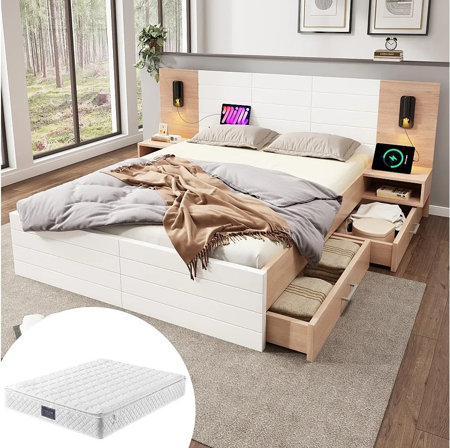 Łóżko podwójne ze schowkiem - 160 x 200 cm - z 2 szufladami + zagłówkiem z diodami LED + USB - 2 szafki nocne - z materacem - białe
