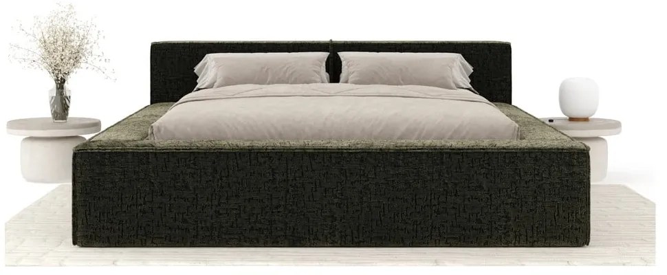 Ciemnozielone tapicerowane łóżko dwuosobowe ze schowkiem i stelażem 160x200 cm Voliera – Maison de Rêve