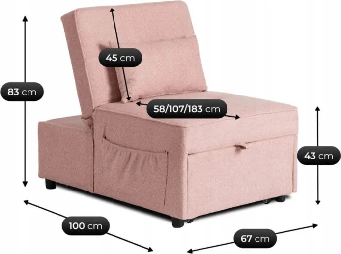 Fotel Wypoczynkowy Rozkładany IBERIS 67 cm Różowy Tapicerowany Nowoczesny