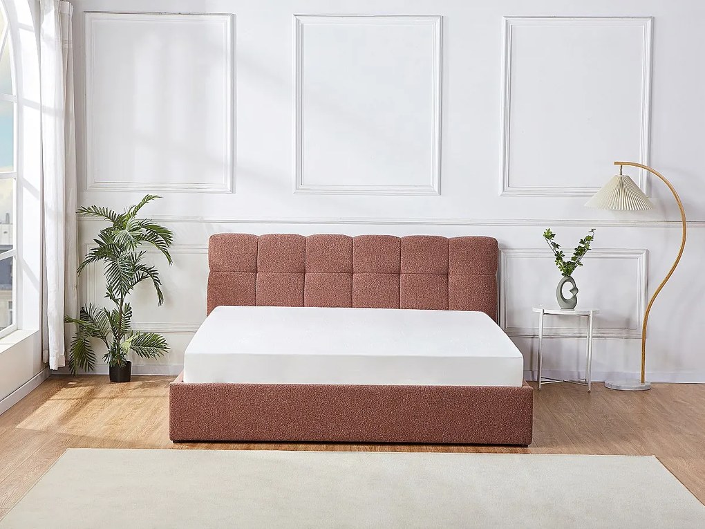 Łóżko ze skrzynią  180 x 200 cm - Tkanina z bukli  - Terakota + Materac - MAZIRI