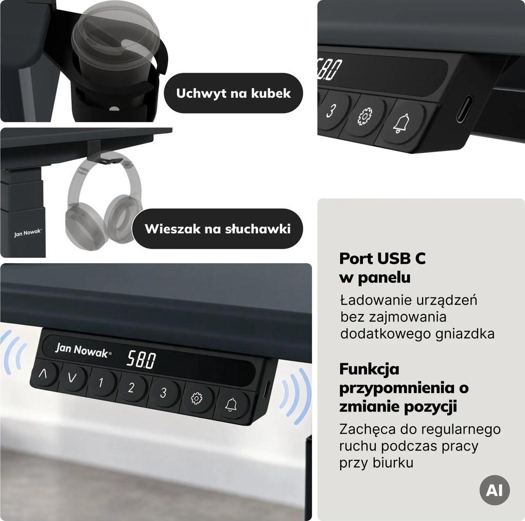 Biurko elektryczne z regulacją wysokości ergonomiczne antracytowe,1400x700 mm: ARIA