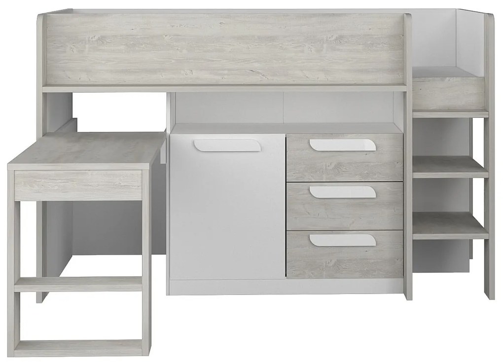 Łóżko na antresoli 90 x 200 cm - Z biurkiem i ze skrzynią  - Biały i naturalny + Materac - LOUKALA