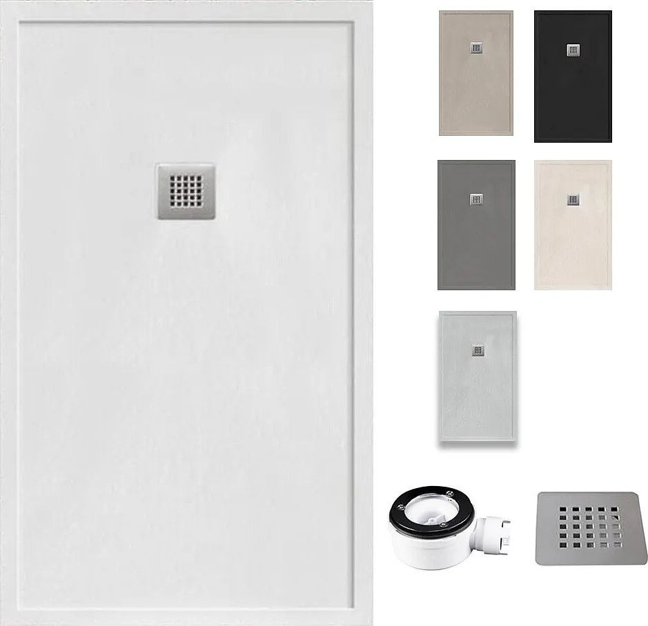 Brodzik żywiczny z rantem, ultracienki i antypoślizgowy z zaworem i kratką | Tekstura kamienia | Biały | 70 X 150 cm