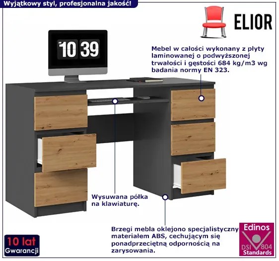 Nowoczesne Biurko Z Szufladami Antracyt + Dąb Artisan R0-E82