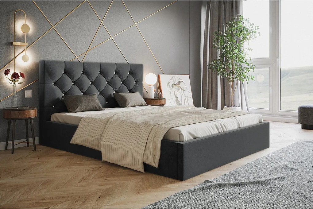 Łóżko dwuosobowe 140x200 Molly z pojemnikiem - welur, stelaż metalowy - ciemny szary (Amor Velvet 4321)