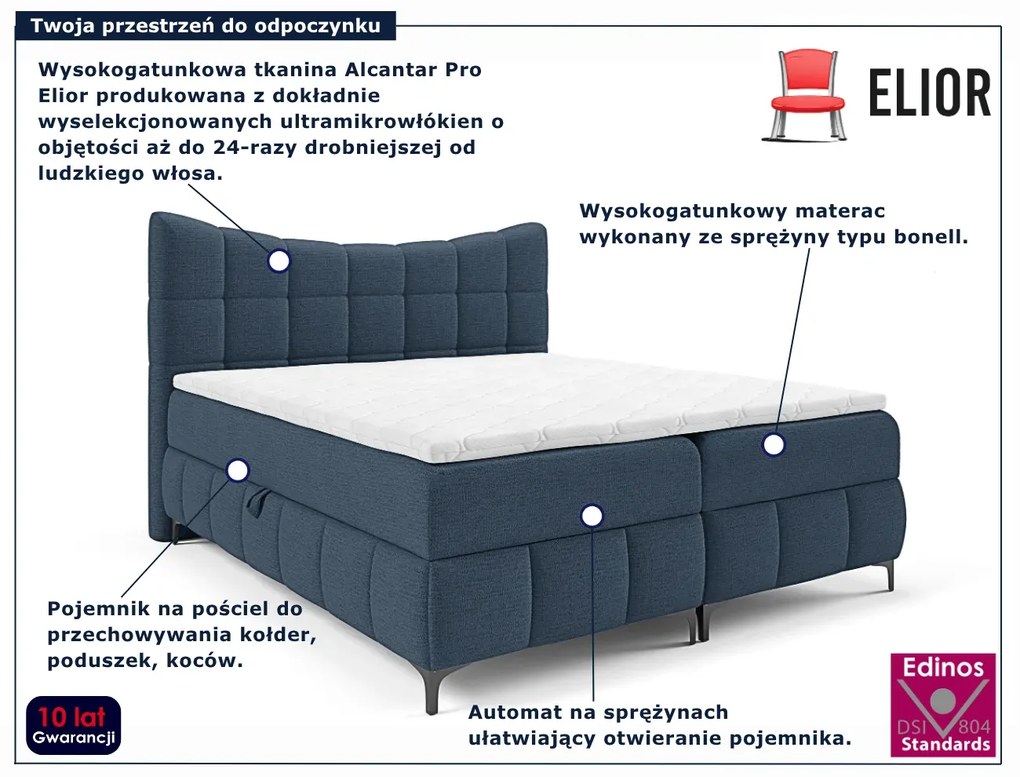 Granatowe łóżko kontynentalne z pojemnikiem 5 rozmiarów A5-M35