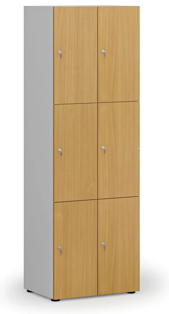 Drewniana szafka skrytkowa S4, 6 schowków, demontaż, zamek cylindryczny, szary/buk