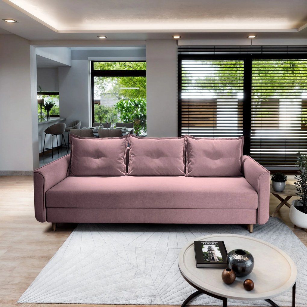 Masseno Sofa NAPOL z funkcją spania i pojemnikiem na pościel, Rozkładana sofa - Pudrowy róż, KRONOS 27