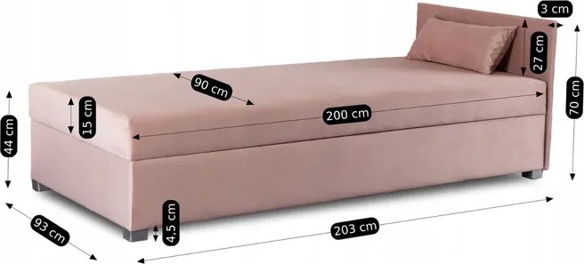 Łóżko Tapczan Młodzieżowe KARO 2 90x200 cm Pojedyncze Różowe Welurowe