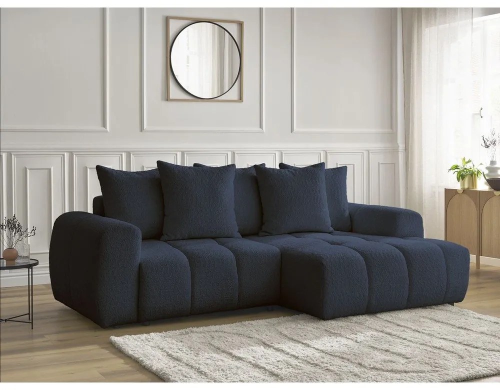 Niebieski rozkładany narożnik z materiału bouclé ze schowkiem (prawostronny/z szezlongiem) Roxelane – Bobochic Paris