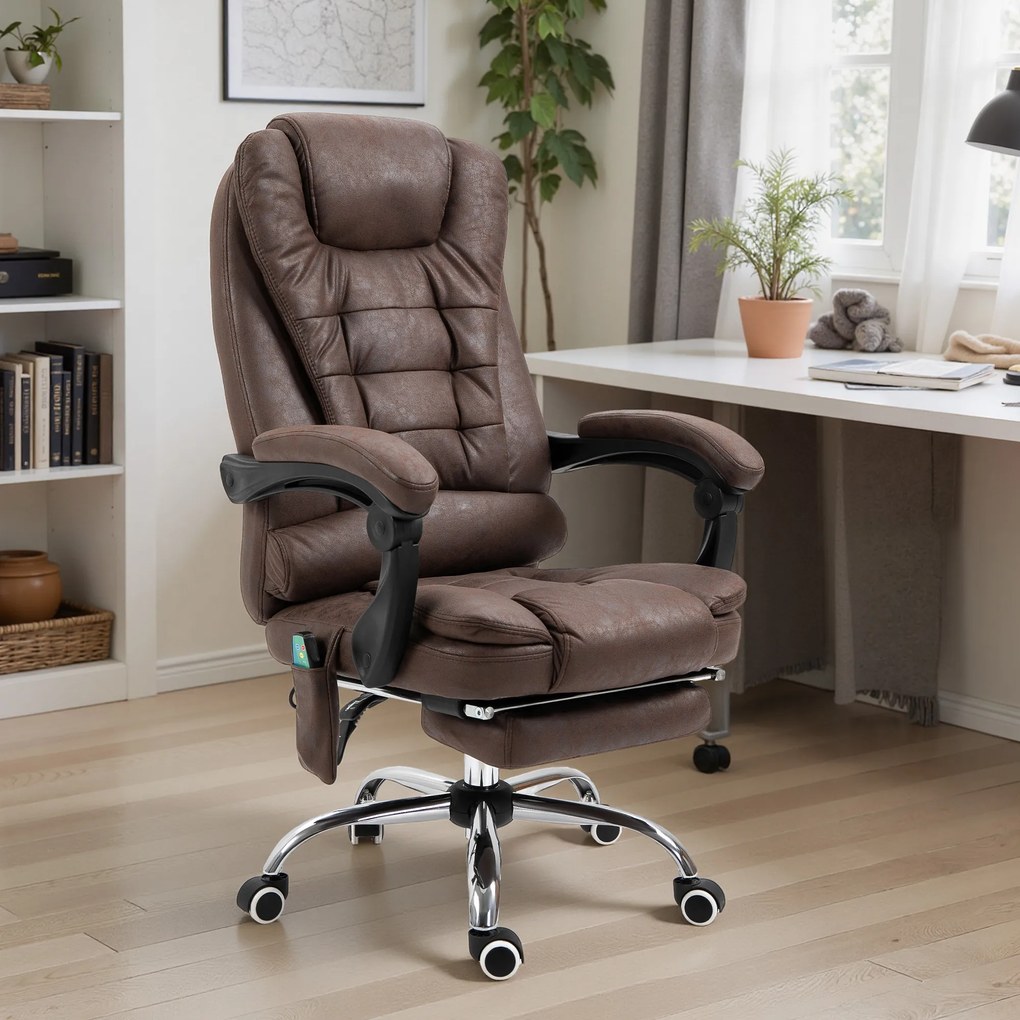 Vinsetto Masujący Fotel Biurowy z Funkcją Leżenia i Ogrzewania, Obrotowy, Ergonomiczny, do 120 kg, Brązowy